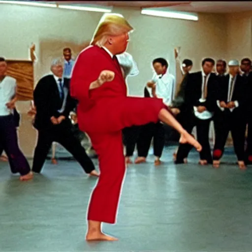 Image similar to still of donald trump as the karate kid, crane kick