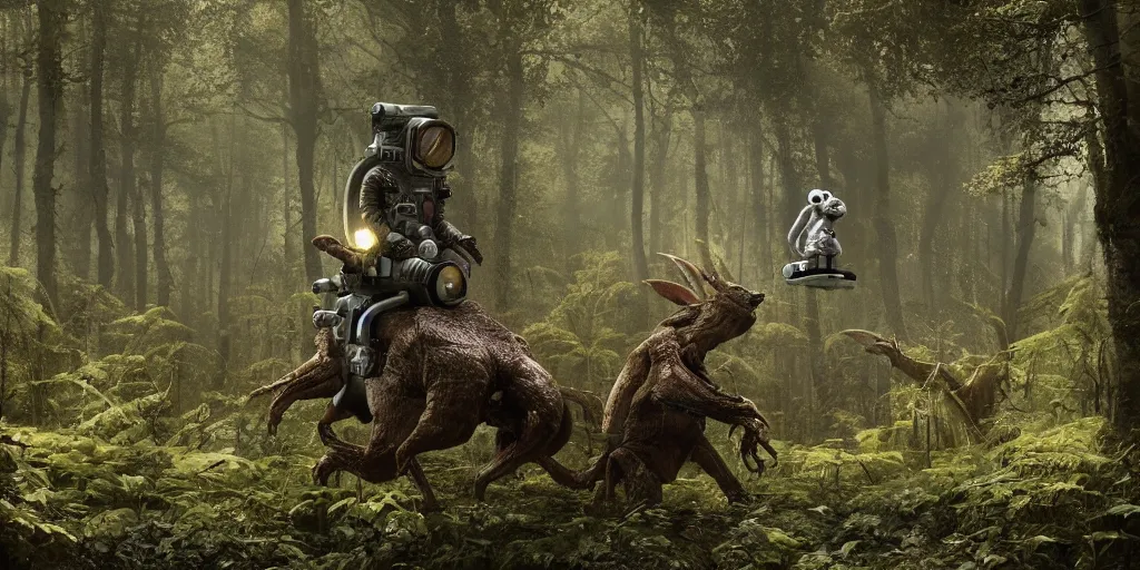 Image similar to an astronaut comes a across a strange creature in a forest, a detailed matte painting by frieke janssens, featured on cgsociety, fantasy art, matte painting, reimagined by industrial light and magic, matte drawing