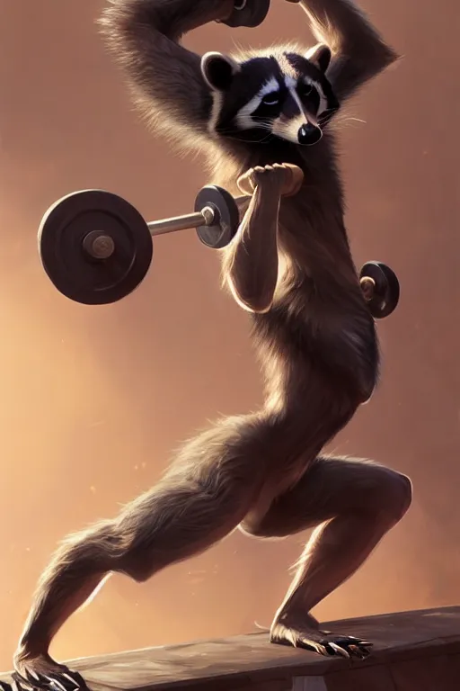 Image similar to anthro raccoon lifting weights, dim dingy gym, dynamic pose, fantasy, intricate, elegant, highly detailed, digital painting, artstation, concept art, matte, sharp focus, illustration, art by artgerm and greg rutkowski and alphonse mucha