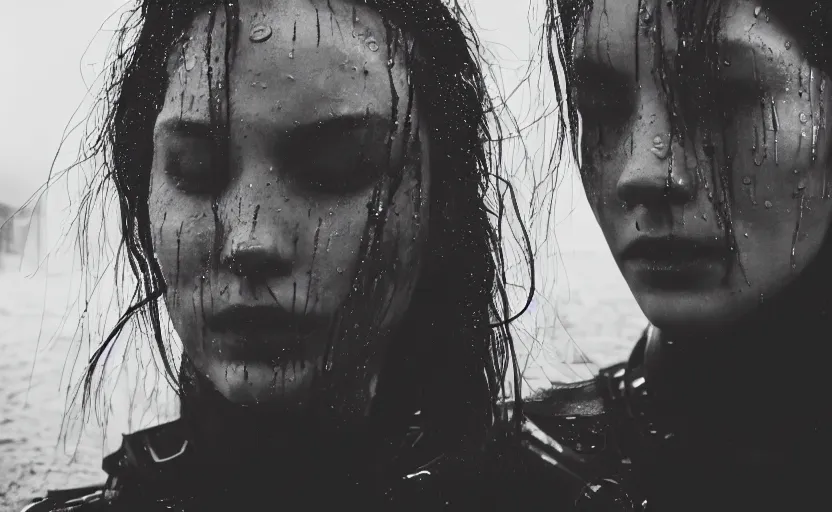 Image similar to cinestill 5 0 d candid photographic portrait by christopher nolan of two loving female androids wearing rugged black mesh techwear in treacherous waters, extreme closeup, modern cyberpunk moody emotional cinematic, pouring rain, 8 k, hd, high resolution, 3 5 mm, f / 3 2, ultra realistic faces, ex machina