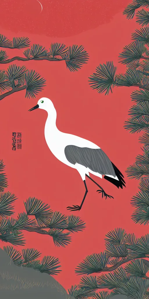 Prompt: a portrait of japanese crane walking into a forest of japanese pines, a big red sun in the background, logo design, fresh modern style, responsive, front card design, thick vector line art, trending on behance, stunning, matte