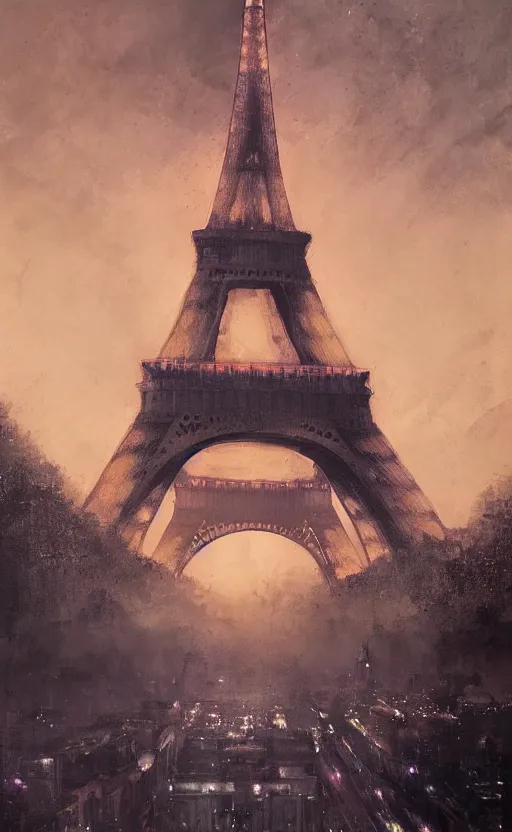 Prompt: twilight eiffel tower, jpeg artefacts on canvas, by seb mckinnon and james gurney and greg rutkowski, highly detailed, amazing, perfect lighting