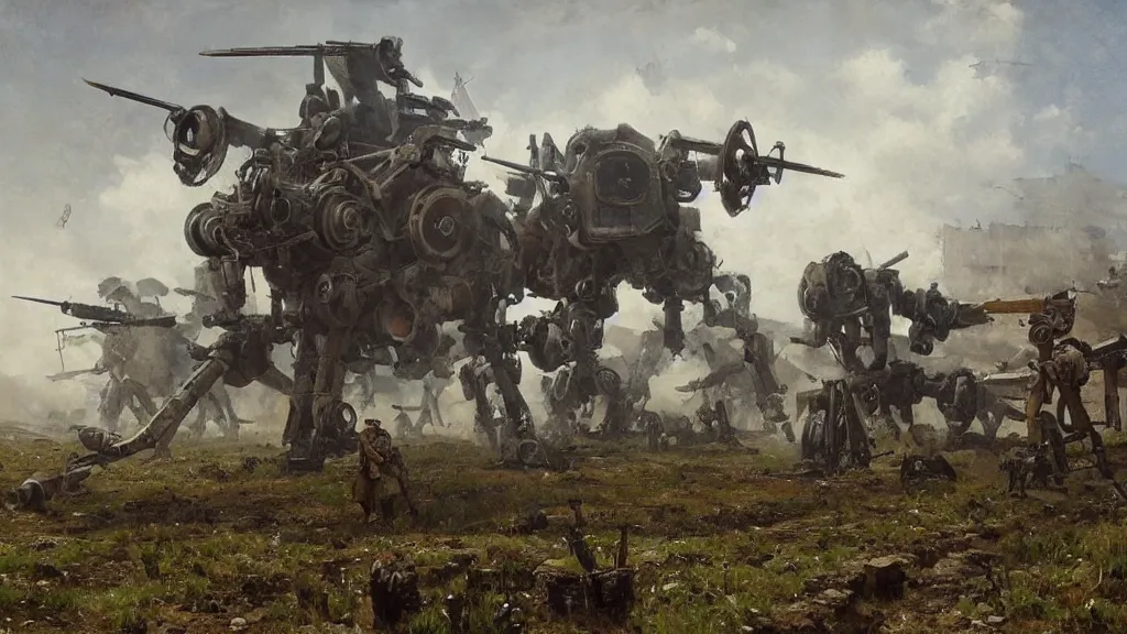 Image similar to 1920's battle in a farming village between bipedal mechs, painted by Jakub Rozalski