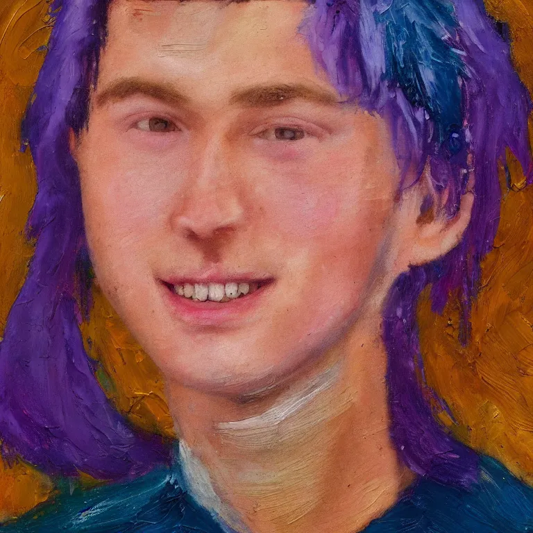 Image similar to Beautiful warmly lit close up studio portrait of a young androgynous!! Donald Trump age 23 smiling sweetly with purple hair, impasto oil painting heavy brushstrokes by Cy Twombly and Anselm Kiefer , trending on artstation dramatic lighting abstract Expressionism