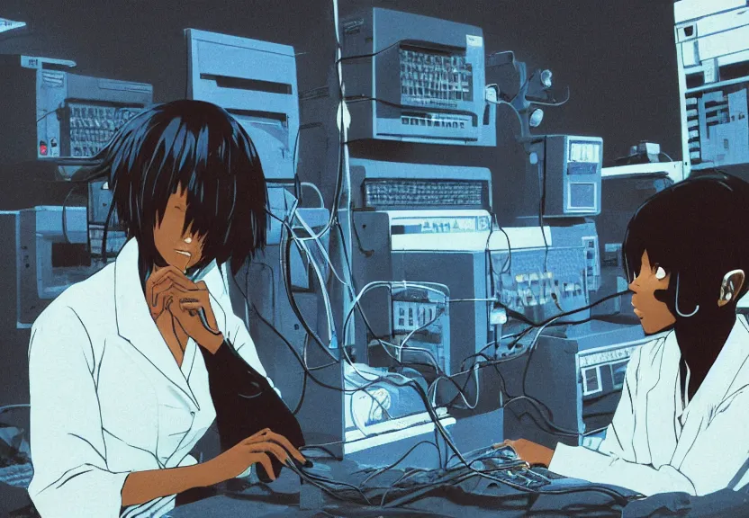 Image similar to dark skin woman wearing a white lab coat with a blue wolf haircut, body connected to wires and connected to 1 9 8 0 s computers, painted by yoshitoshi abe and makoto shinkai, in the style of serial experiments lain, dynamic lighting, dark ambience, 3 5 mm, cell - shaded, detailed face, retro