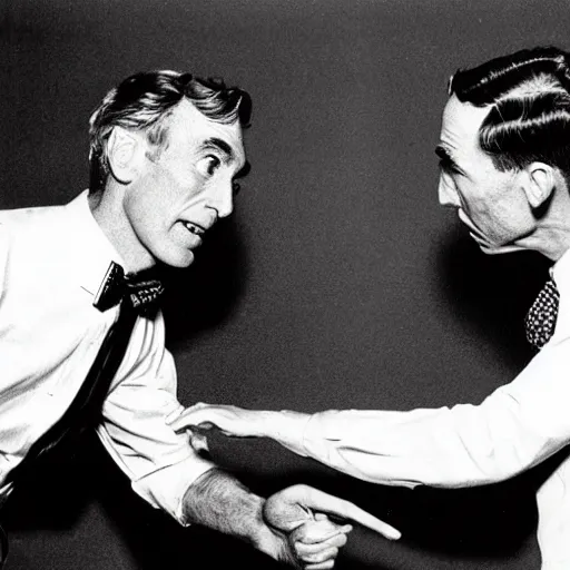Image similar to bill nye the science guy punching Robert Oppenheimer