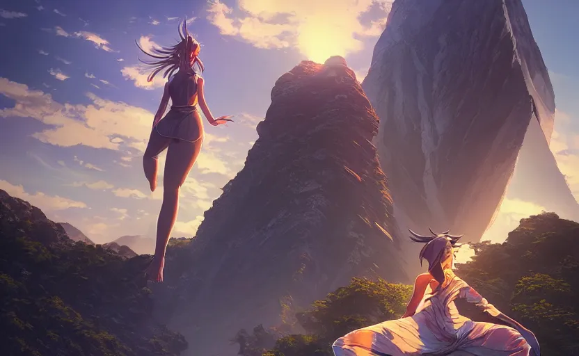 Image similar to Himalayan in a futuristic temple, beautiful flowing fabric, sunset, dramatic angle, dynamic pose, 8k hdr pixiv dslr photo by Makoto Shinkai ilya kuvshinov and Wojtek Fus