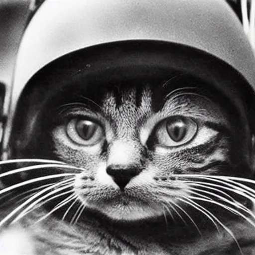 Prompt: Close up of a cat wearing a soldier helmet in the battle, ww2 historical photo, black and white kodachrome