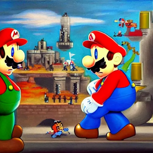 Prompt: A beautiful oil painting of Mario Bros fighting against a robot