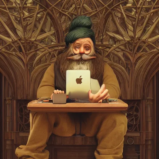 Prompt: chill gnome - like man, long brown beard, oversized brown mustache, macbook on his lap, wispy smoke, whimsical, art nouveau, photorealistic, octane render, unreal engine, mucha, magritte, artgerm, greg rutkowski, trending on artstation, super detailed, 8 k, control the soul