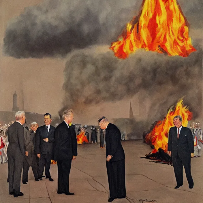 Image similar to United States President viewing the Capital Burn, 1958, Oil on Canvas, Antiwar, full body, dramatic, digital art