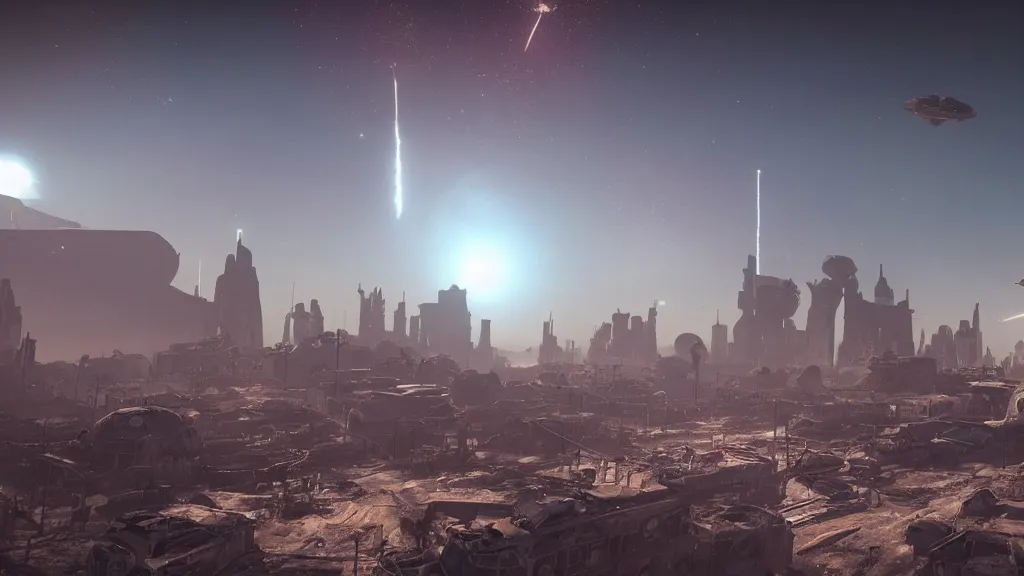 Image similar to a spaceship launching in a nuclear wasteland, ruined city in background, hundreds of rockets flying vertically in the sky, hyperrealistic, Cryengine 8k UHD