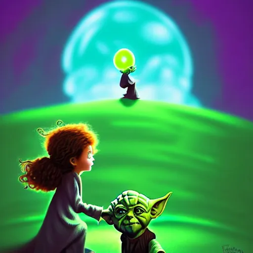 Image similar to curled perspective digital art of curly brown hair baby girl playing ball with yoda by anton fadeev from nightmare before christmas