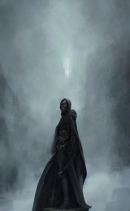 Prompt: Portrait of an elf in a black cloak with black boots, male, detailed face, fantasy, highly detailed, cinematic lighting, digital art painting by greg rutkowski