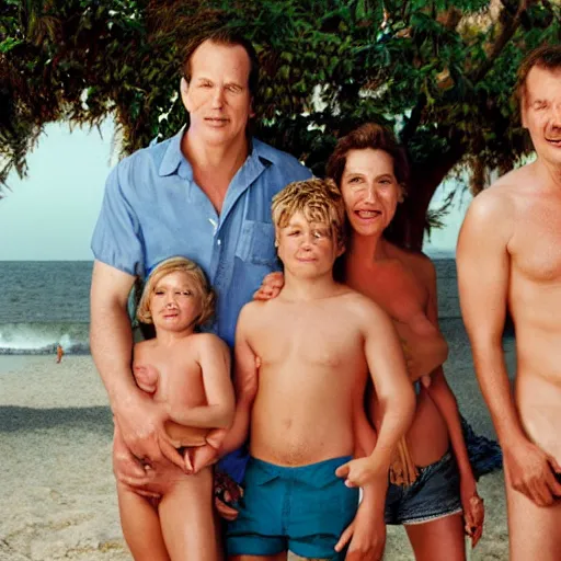 Prompt: portrait of a happy family at the beach fully - clothed, outdoor lighting, realistic, smooth face, perfect eyes, wide angle, sharp focus, high quality, professional photography, photo by annie leibovitz, mark mann, martin schoeller, mario testino, kenneth willardt, corbin gurkin