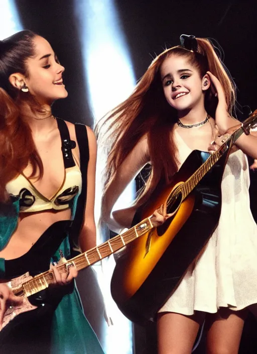 Image similar to beautiful, award winning photo of ariana grande on guitar and emma watson on drums in a 1 9 7 0 s rock and roll band. live at the woodstock concert, symmetrical eyes, 8 k, studio lighting t