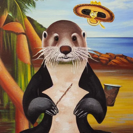 Prompt: An otter dressed as a pirate sitting on a beach drinking rum, oil on canvas painting