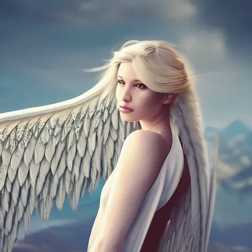 Image similar to very pretty blond female angel with large wings landing on a mountain top, shallow depth of field, moody lighting, 8 k, concept art, martina fackova,