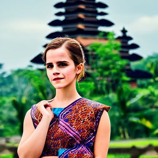 Prompt: a photo of emma watson wearing batik bali when holiday in bali. blurred temple background. front view. sigma 8 5 mm lens f / 1. 4. award winning photography, perfect faces, instagram photo shoot