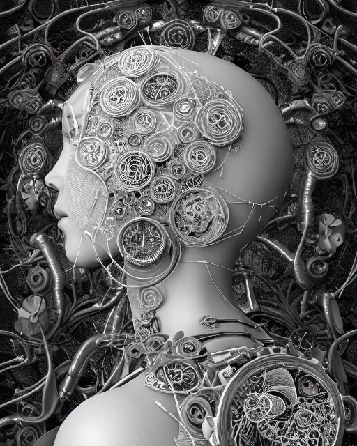 Image similar to mythical dreamy black and white organic bio-mechanical spinal ribbed profile face portrait detail of translucent steampunk beautiful female angelic-human-queen-vegetal-cyborg, highly detailed, intricate trnaslucent ivy jelly ornate, poetic, translucent roses ornate, 3D render, digital art, octane render, 8K artistic photography, photo-realistic, by Dora Maar