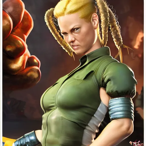 Prompt: kristen schaal as cammy street fighter, long blonde pigtails, ultra realistic, concept art, intricate details, highly detailed, photorealistic, octane render, 8 k, unreal engine, art by frank frazetta, simon bisley, brom