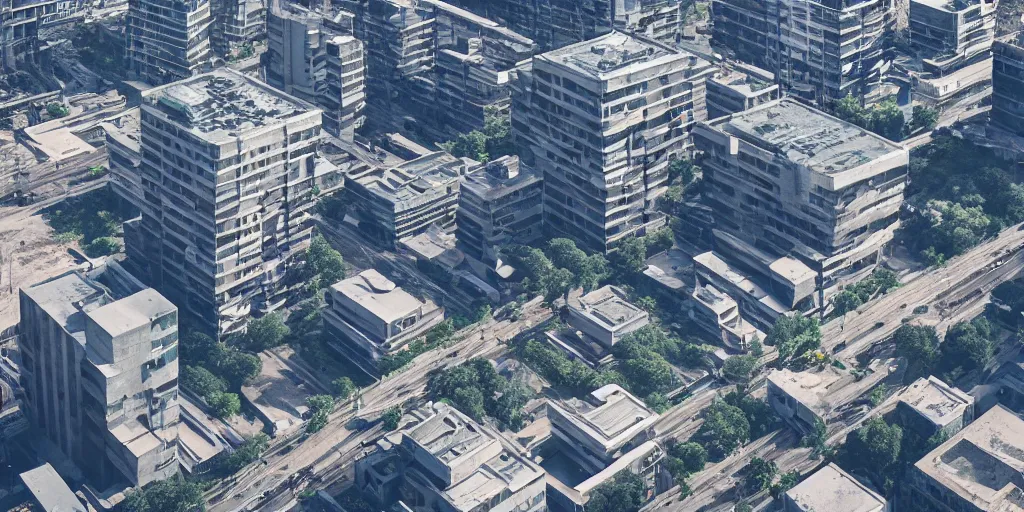 Prompt: drone view of a city with a large road through, Brutalist architecture,sharp focus,telephoto lens,digital art by Maciej Kuciara 4k