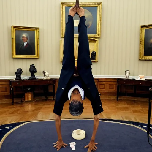 Prompt: barack obama doing a handstand in the oval office