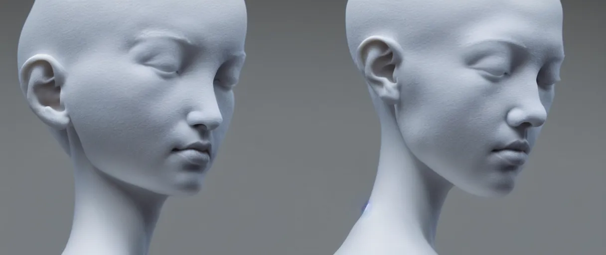 Image similar to symmetry!! full head and shoulders, beautiful female porcelain sculpture by daniel arsham and raoul marks, intricate, elegant, highly detailed, digital painting, artstation, concept art, smooth, sharp focus, all white features on a white background, delicate facial features