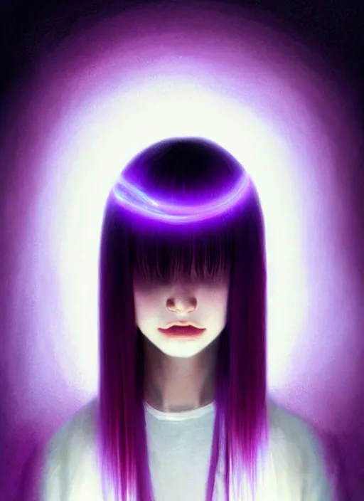 Image similar to hair whitebangs hair, black hair, whitebangs, portrait of teenage girl with white bangs, red irises, purple clothes, white bangs, bangs are different color from hair, intricate, elegant, glowing lights, highly detailed, digital painting, artstation, concept art, smooth, sharp focus, illustration, art by wlop, mars ravelo and greg rutkowski