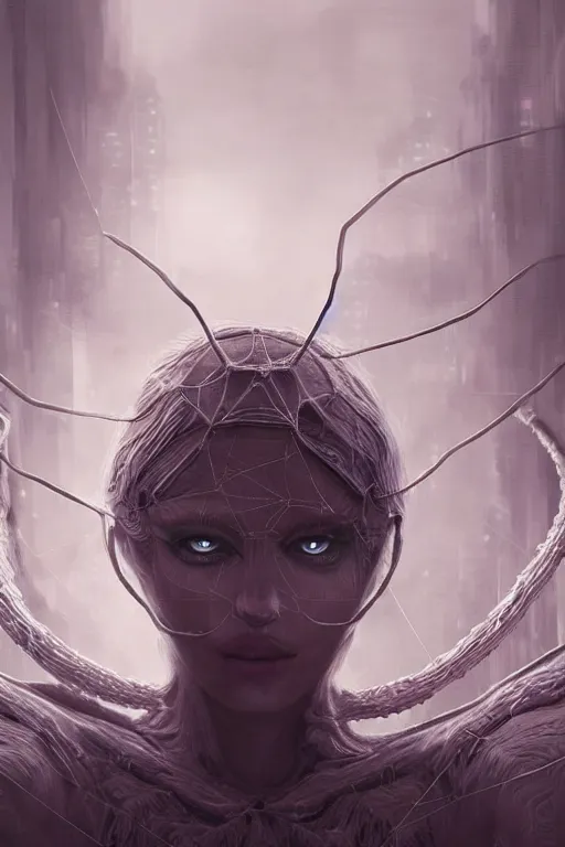 Image similar to ultra realist and ultra intricate detailed soft painting of an arachne, symmetry features, sensual gloomy style, volumetric clouds, cyberpunk background, artstation, unreal render, depth of field