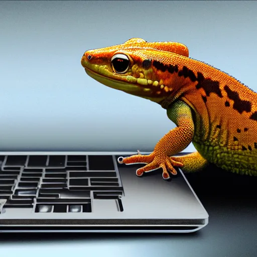 Prompt: portrait of a gecko working at a laptop, photorealistic, artstation, digital art 4k