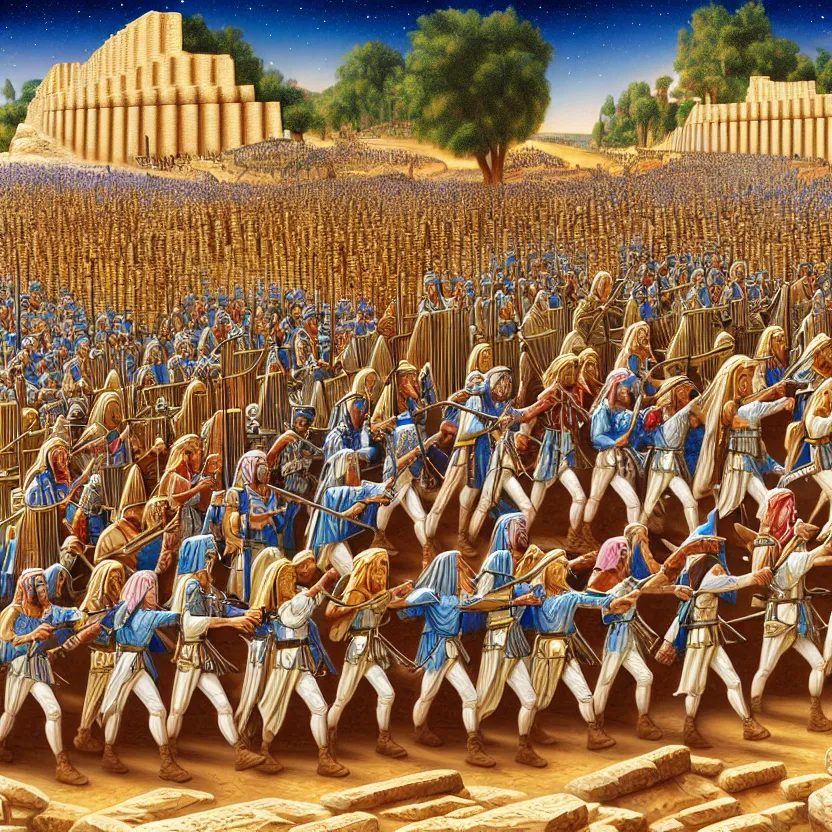 Image similar to the army of ancient israel marching behind the ark of the covenant around the walls of ancient jericho, by lisa frank, mark brooks, 8 k high detail