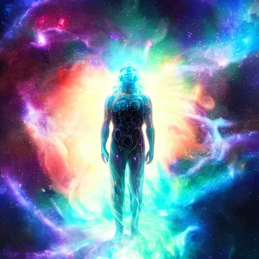 Prompt: photorealistic fantasy cosmic concept art of a cosmic god made out of nebulas and the cosmos hovering in a unknown galaxy, fully body portrait, cinematic, dynamic lighting, ultra detailed, creative, trending on art station, creative