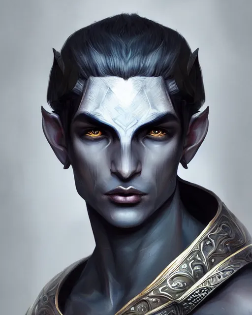 Image similar to portrait of a handsome male dark elf, obsidian skin, fantasy, intricate, elegant, highly detailed, digital painting, artstation, concept art, sharp focus, illustration