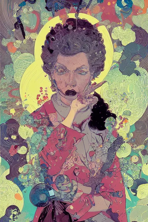 Prompt: portrait of mad lady scientist, stylized illustration by victo ngai, juan gimenez, colorful comics style,