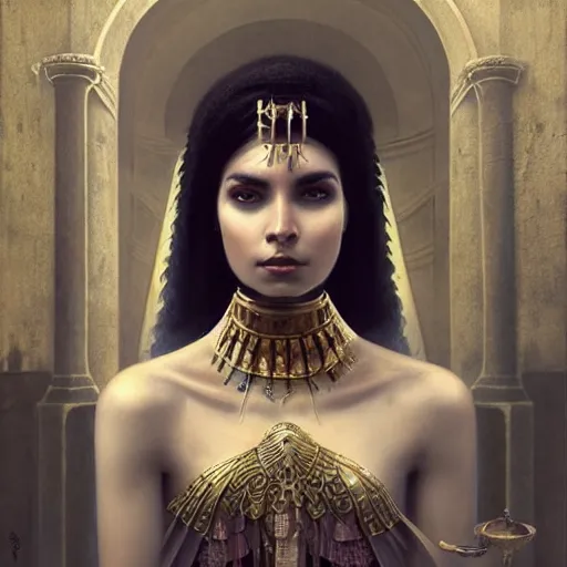 Image similar to like dust, magic gathers in overlooked places, photorealistic portrait of cleopatra in style of tom bagshaw and greg rutkowski. absolutely stunning!, sitting on the palace stairs, symmetrical perfect face, porcelain skin, ultra - detailed, digital art, 8 k