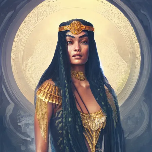 Image similar to Shanina Shaik as Cleopatra, intricate, elegant, highly detailed, digital painting, artstation, concept art, smooth, sharp focus, illustration, art by artgerm and greg rutkowski and alphonse mucha