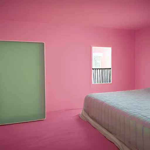 Prompt: a high definition pastel coloured kodak photograph from a holiday photo album. the photo is a medium frame, 5 0 mm depicting the interior of an minimalistic alien hotel room designed by wes anderson. iridescent, transparent corrugated glass, pink concrete, foam. 8 k. top voted.