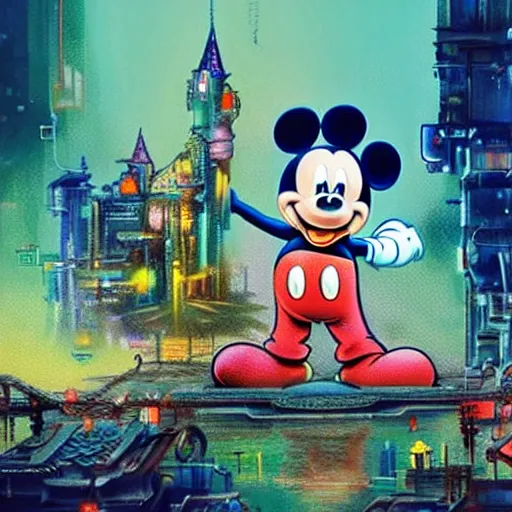 Image similar to a group of people standing around a mickey mouse, cyberpunk art by david lachapelle, cgsociety, sots art, dystopian art, reimagined by industrial light and magic, concept art