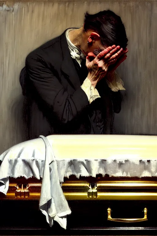 Prompt: a sad man mourning over a casket by alfred stevens and sherree valentine daines and sydney prior hall and norman rockwell, casket, grey cloth, highly detailed, deep shadows, accurate face, hyperrealism, dim lighting, candle, victorian, accurate fingers, crisp details