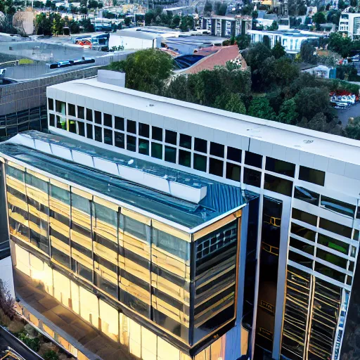 Prompt: wide aerial view, a beautiful office building exterior with sleek modern design by Gensler and large windows, golden hour - W 768