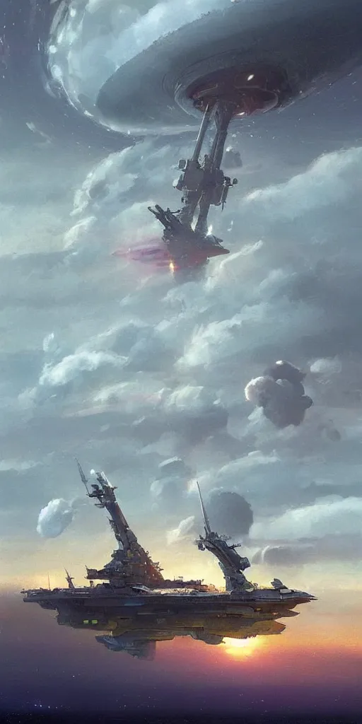 Prompt: large starship frigate dragging long cables and antennas over a cloud covered landscape, sci - fi concept art, by john harris, by john berkey, by simon stalenhag, stunning, award winning