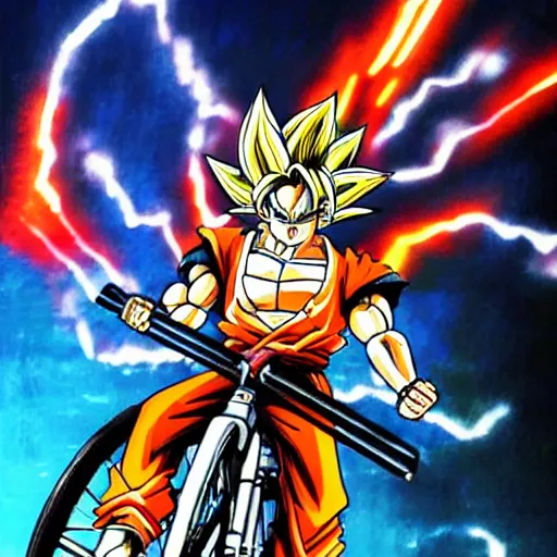 Image similar to Goku riding a electric neon bike, Yoji Shinkawa