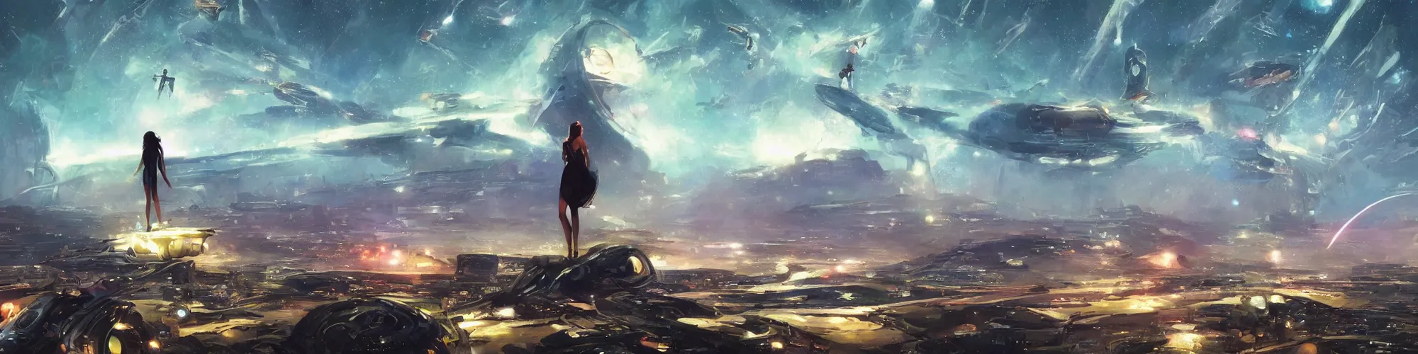 Image similar to gorgeous sci fi imagery | landing spot | futuristic | girl standing on top of a hill against the background of a starry sky | futurism | modern couple | futuristic cityscape in the background | medium angle | by john berkey, greg rutkowski, james gurney