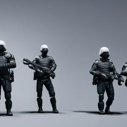 Prompt: a squad of futuristic security in an armory