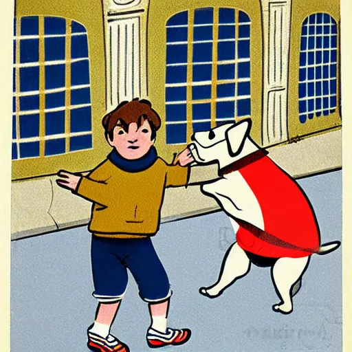 Image similar to book illustration of a french boy on the streets of paris playing football against a corgi, the dog is wearing a polka dot scarf, 1 9 6 6