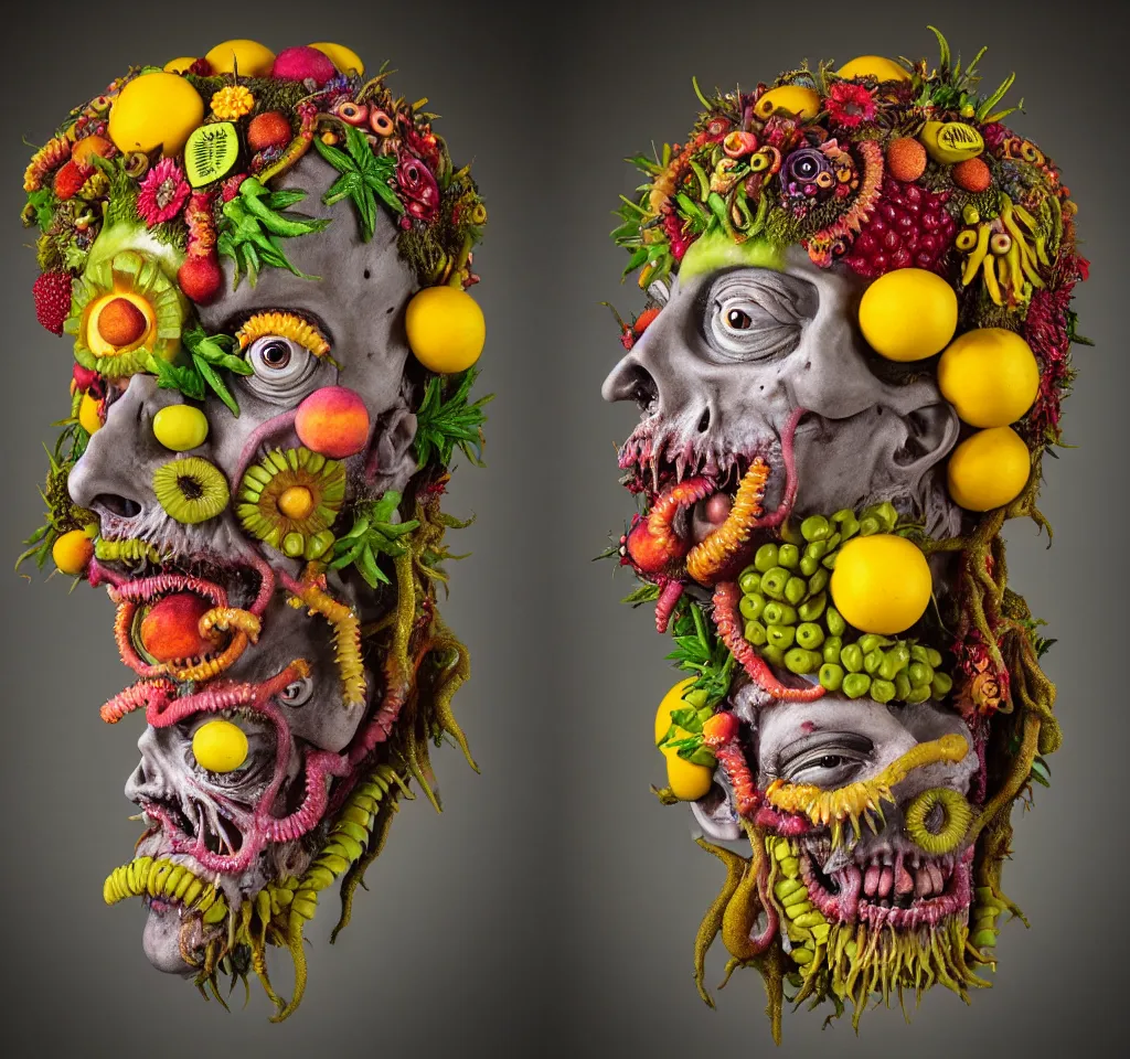 Prompt: headshot of a trickster nature zombie, head made of fruit and flowers in the style of arcimboldo, made by matthew ritchie, covered with tentacles and amoebas, oil painting, ethereal, atmospheric lighting, action figure, clay sculpture, claymation, gray pink and yellow, botanical rainbow backdrop