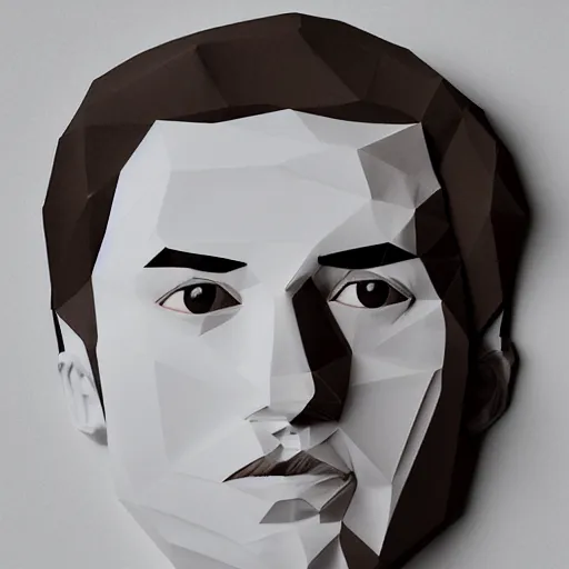 Image similar to a face of a man with wavey medium short hair made from layered paper, 2D, flat minimalistic, ambient light