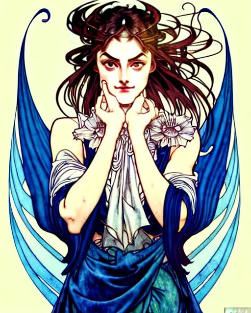 Image similar to in the style of artgerm, arthur rackham, alphonse mucha, phoebe tonkin, symmetrical eyes, symmetrical face, flowing blue skirt, full entire body, hair blowing, intricate filagree, hidden hands, warm colors, cool offset colors