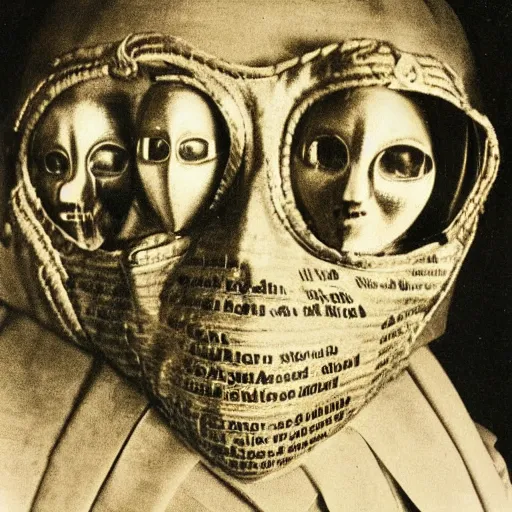 Image similar to photo portrait of 19 century metal fine detail engravings runes face mask cultist lord rich baron by Diane Arbus and Louis Daguerre